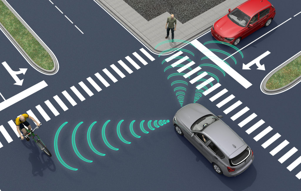 self driving electronic computer cars on road, 3d illustration